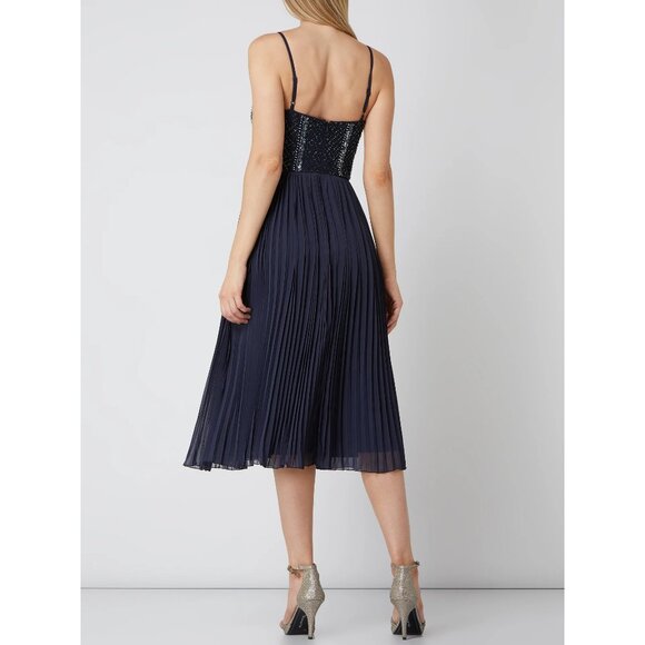 Lace & Beads Embellished Pleated Chiffon Cocktail Dress Midi Dress Blue Size S - Picture 10 of 11